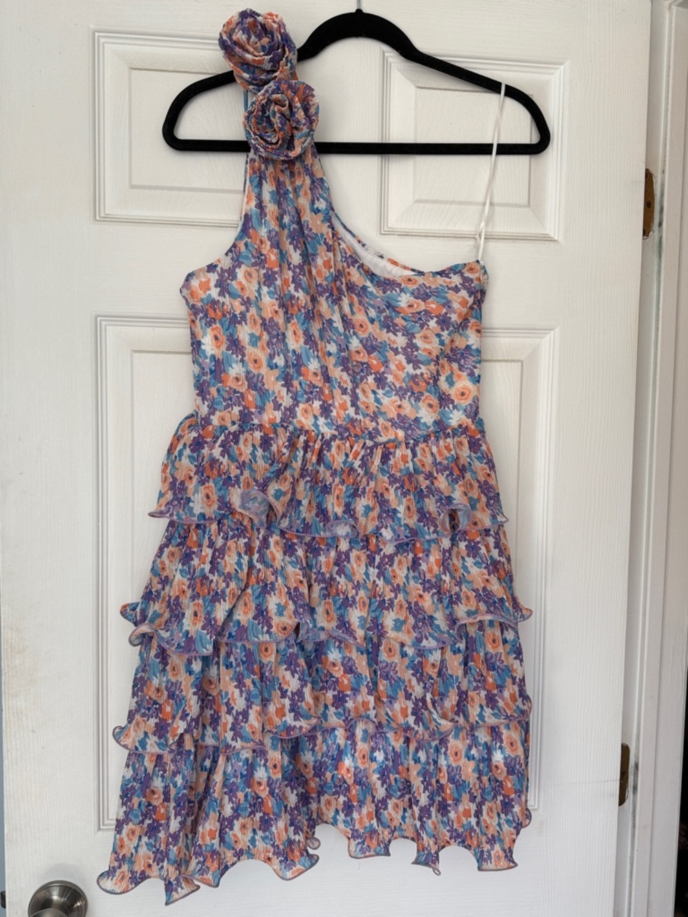 Storia One-Shoulder Floral Ruffle Mini Dress in Blue and Peach